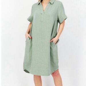 THREE DOTS| Womens Cotton Gauze Midi Dress Size M Green Lagenlook